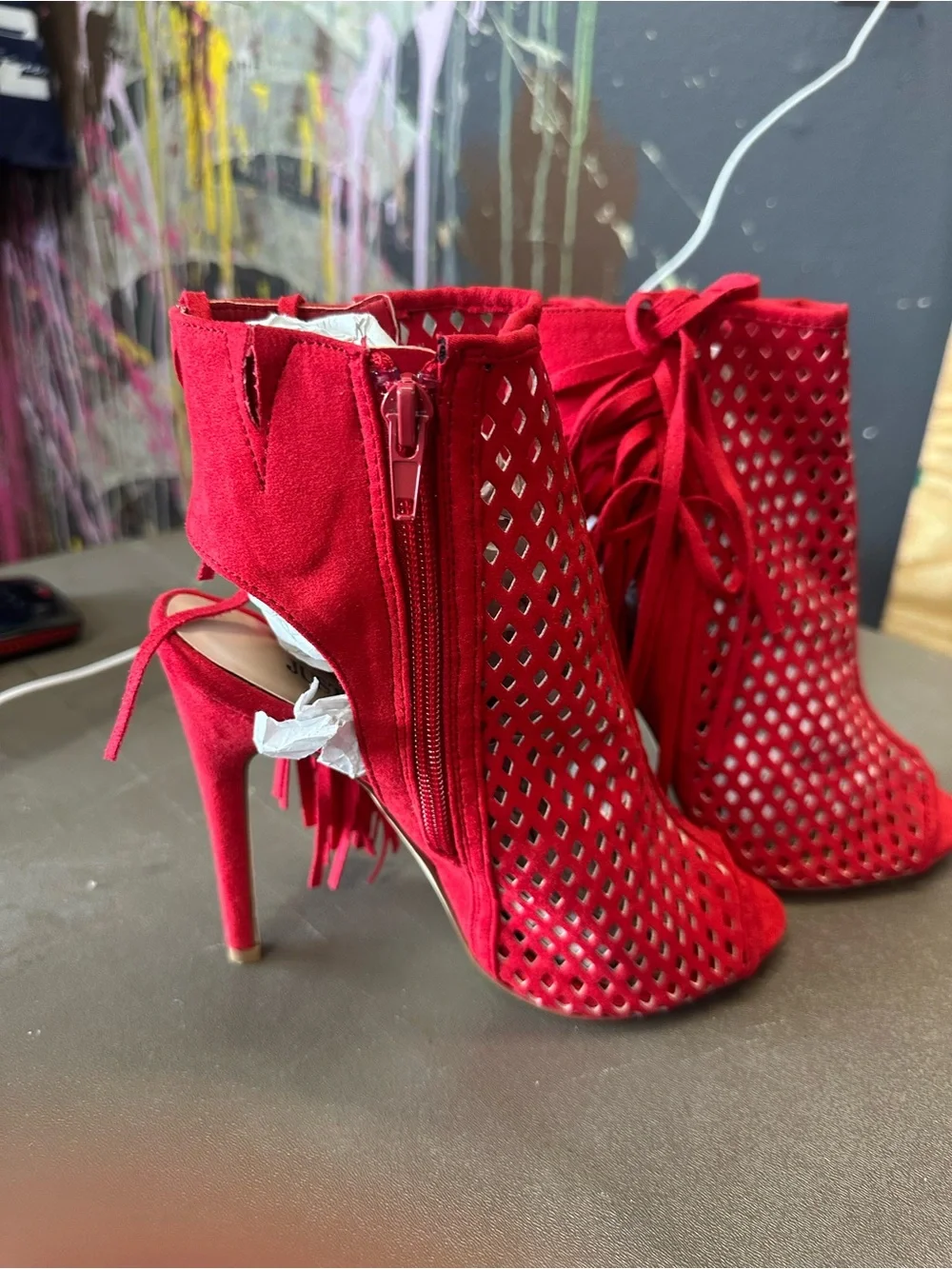 Just Fab Red Suede Perforated Lace-Up High Heels